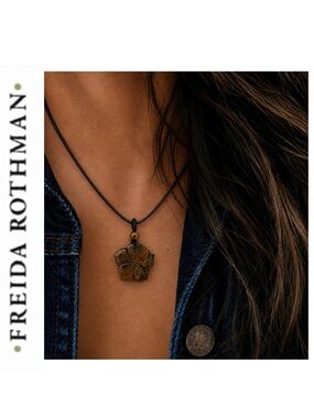Freida Rothman Vault Genuine Tiger's Eye Flower Pendant Wax Rope Necklace